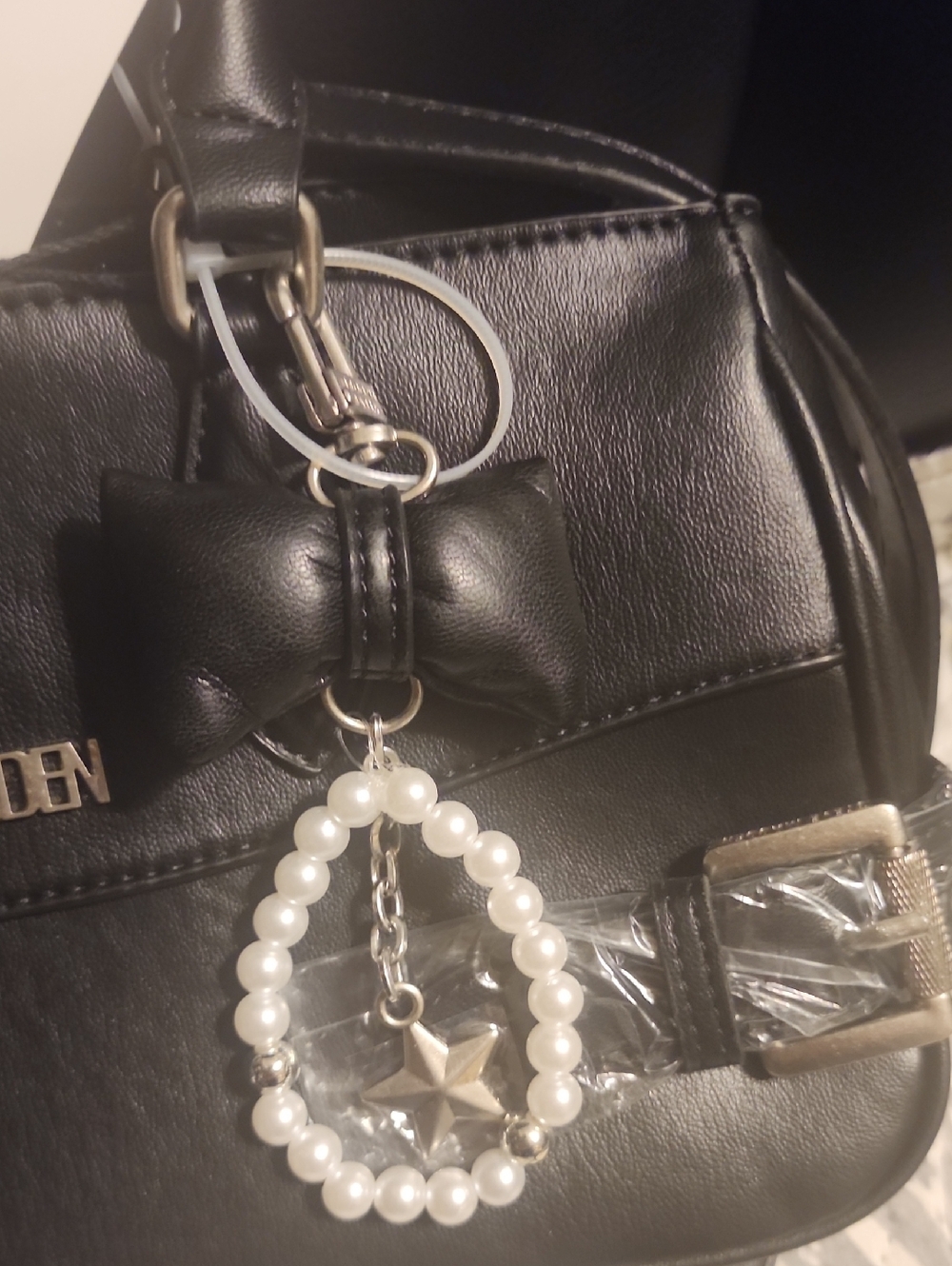 Steve Madden Black Satchel with Pearl Dangle and Bow Charm - Picture 2 of 9